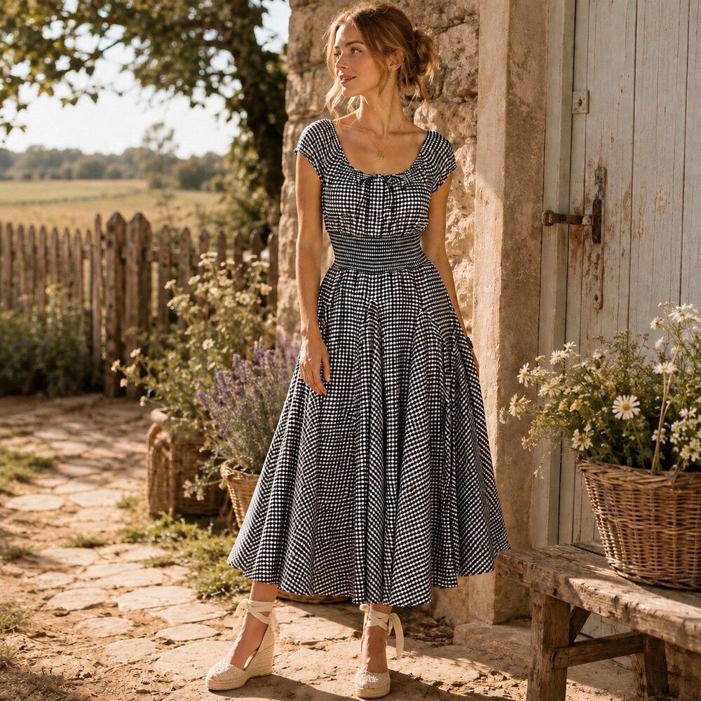 Grace ELements Gingham peasant Fit and Flare smocked Waist Maxi Dress L